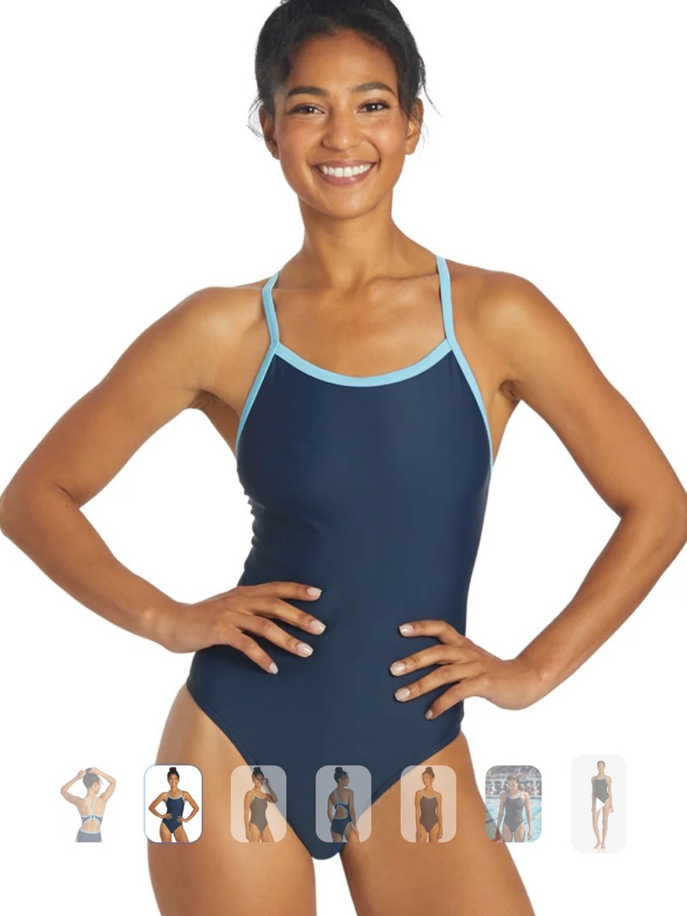 Sporti Solid Piped Thin Strap One Piece Swimsuit Navy Blue 30(xs) NWT